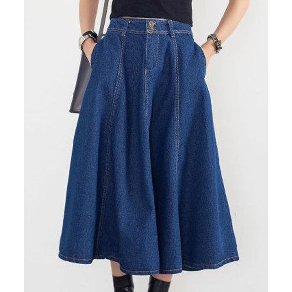 Vintage Solid Color Zip Fly Midi Denim Skirt For Women