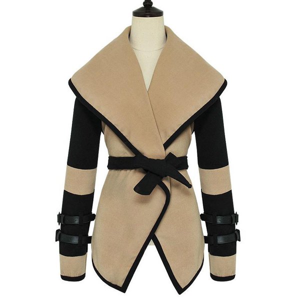 Women's Turn-Down Collar Color Block Long Sleeve Coat