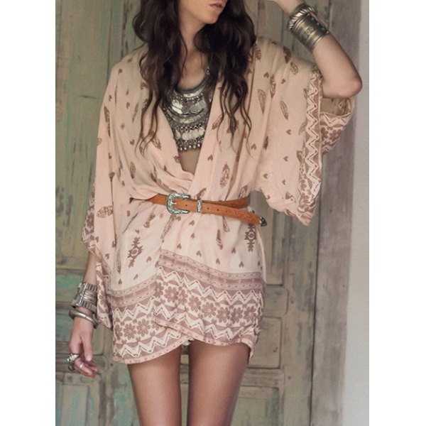 Stylish 3/4 Sleeve Printed Chiffon Kimono Blouse