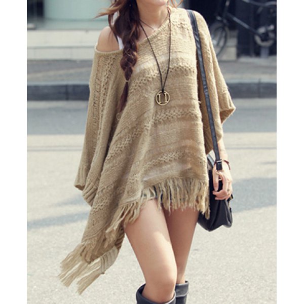 Knit Pattern Openwork Fringe Hem Cotton Blend Solid Color Sweate