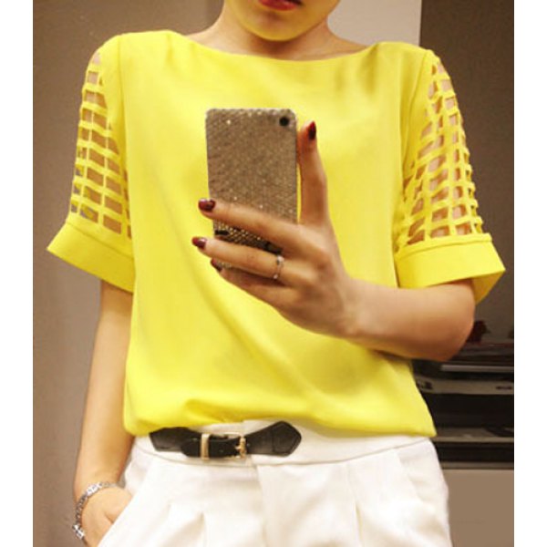 Short Sleeve Solid Color Hollow Out Women's Chiffon Blouse