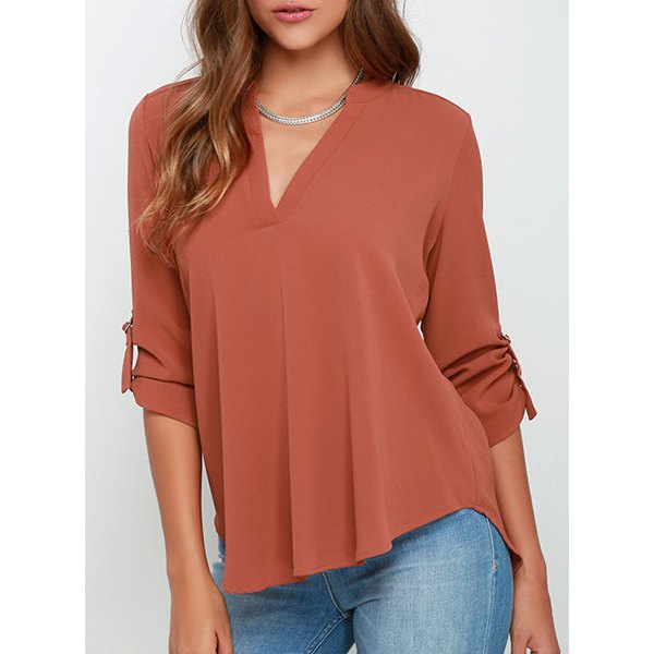 Concise V-Neck Solid Color 3/4 Sleeve Chiffon Blouse