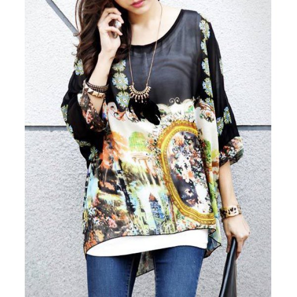 Loose-Fitting 3/4 Sleeve Scoop Neck Print Embellished See