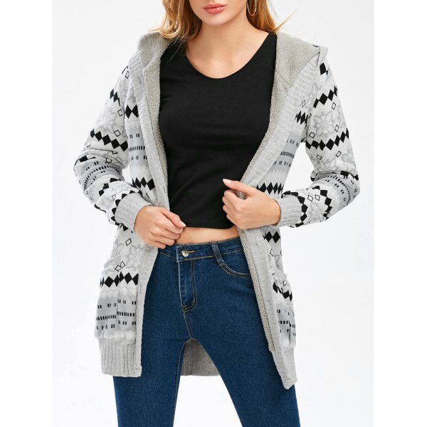 Hooded Button Up Geometric Cardigan - Gray L